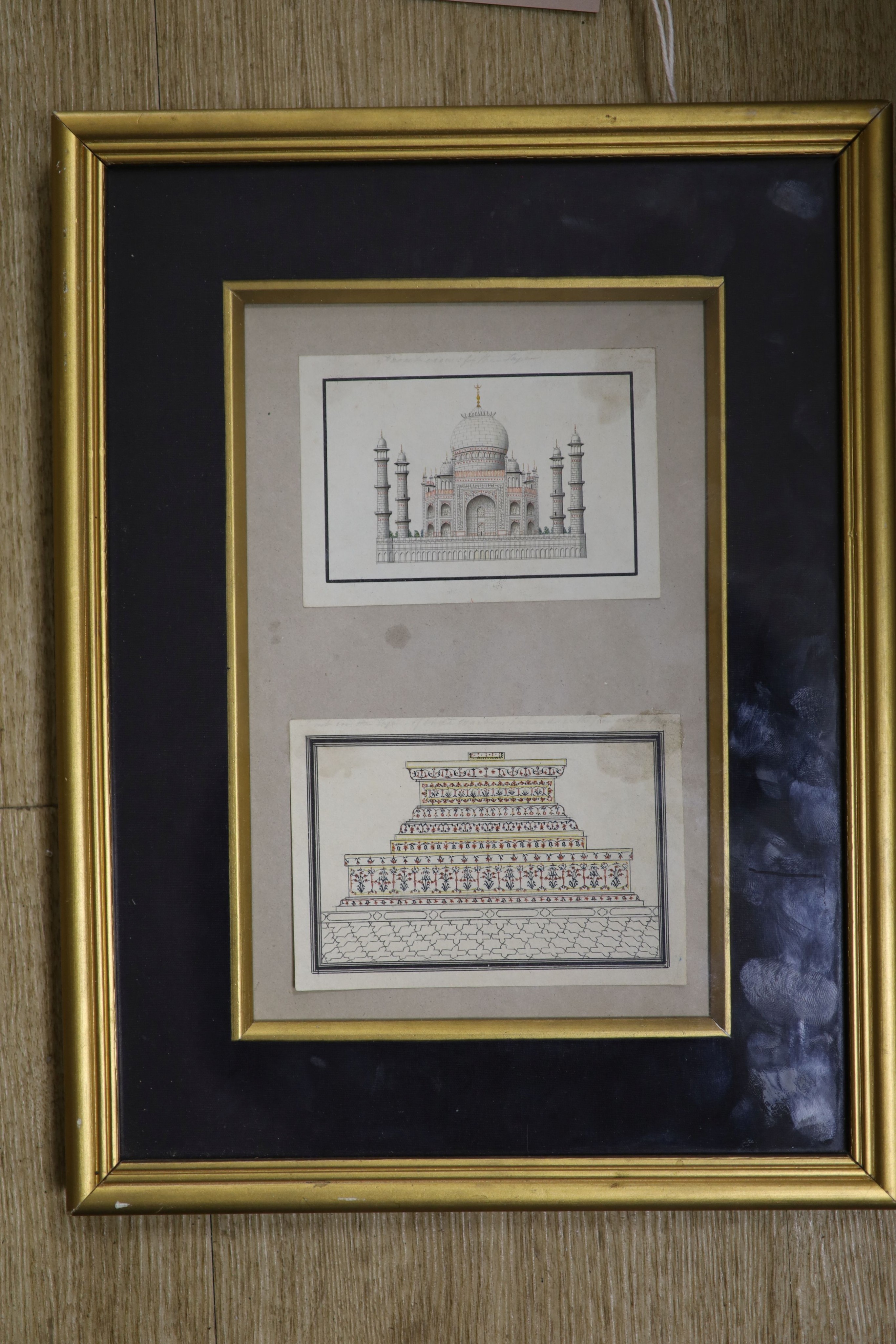 Indian School, pen an ink, Study of the Taj Mahal and of a decorated plinth, 6 x 9.5cm and 7 x 11cm, framed as one